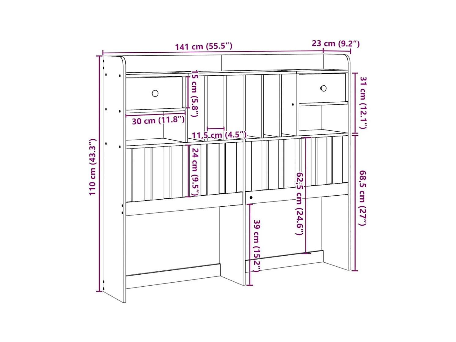 Hoofdbord met opbergruimte 135 cm massief grenenhout