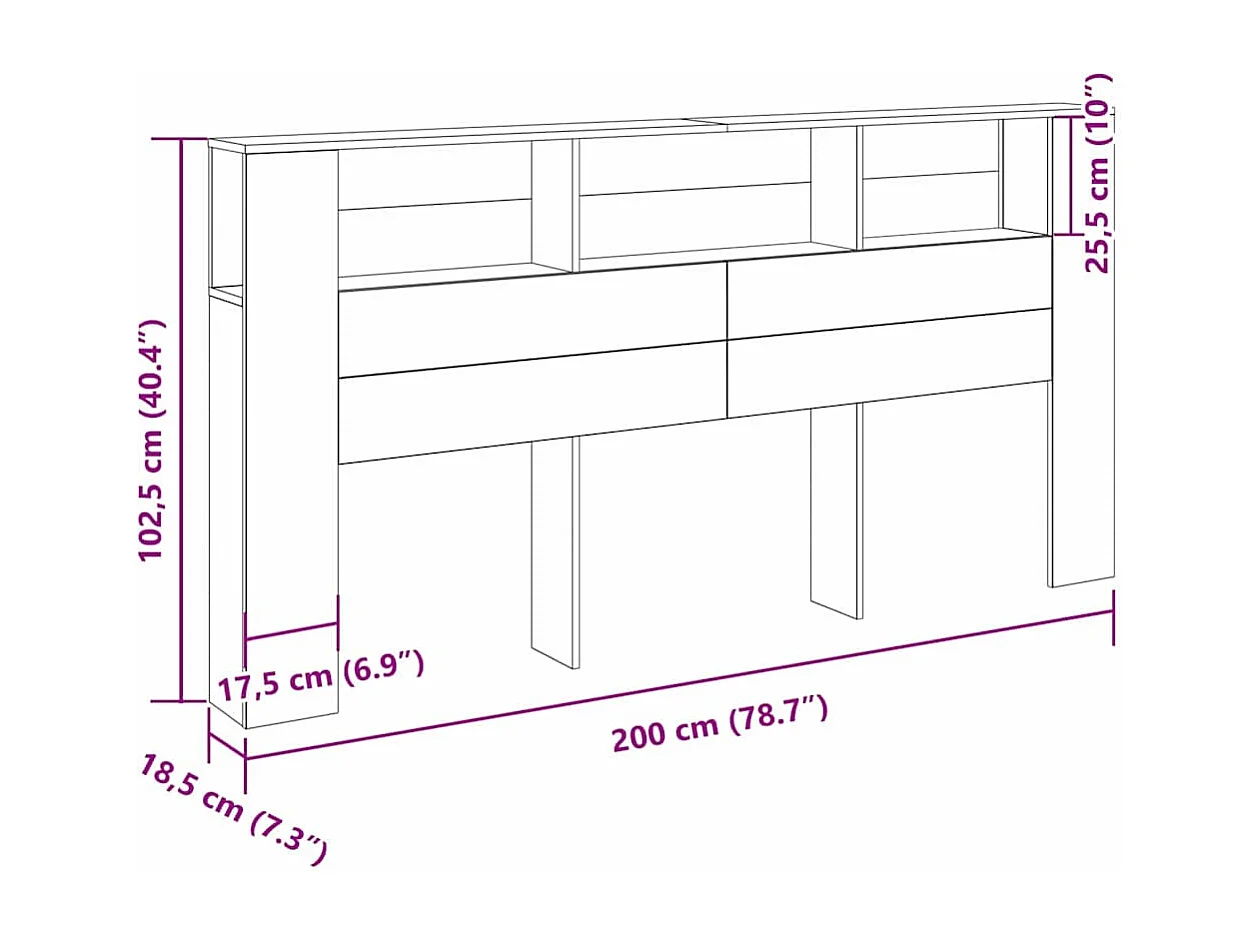 Hoofdeinde Kast Zwart eiken 200 x 18,5 x 104,5 cm Bewerkt hout