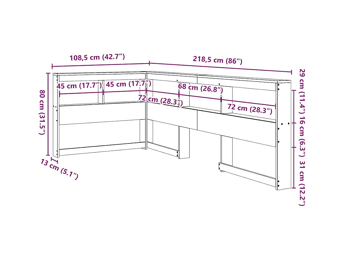 Cabecero librería en forma de L madera maciza de pino 90 cm