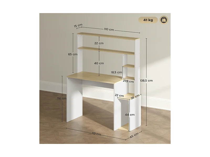 Bureau d'ordinateur - avec étagères ouvertes et support CPU - charge max 41KG - Chêne - 113x45x138,5cm