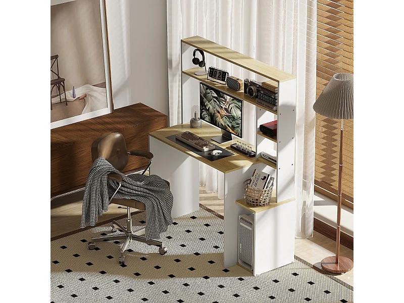 Bureau d'ordinateur - avec étagères ouvertes et support CPU - charge max 41KG - Chêne - 113x45x138,5cm