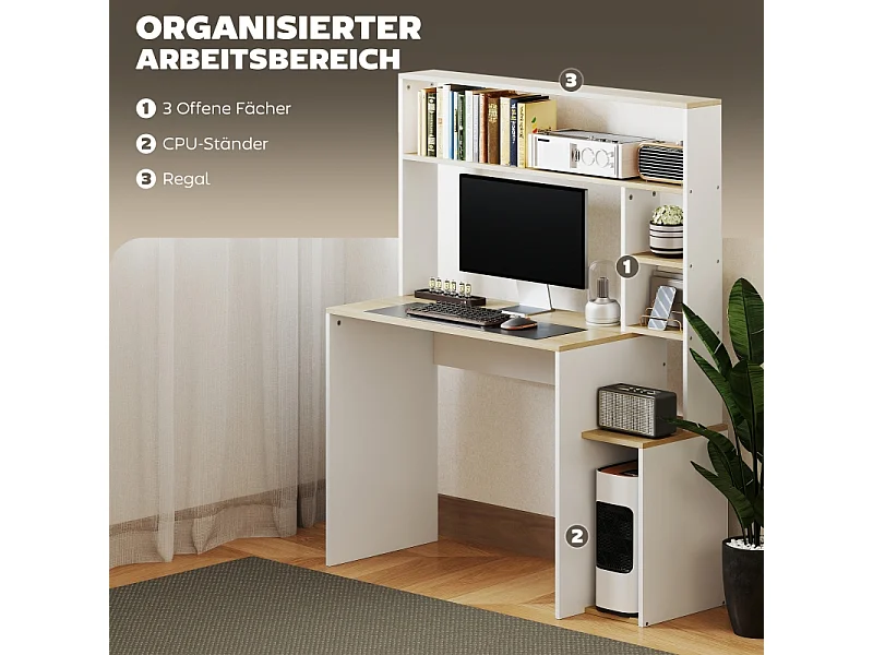 Bureau d'ordinateur - avec étagères ouvertes et support CPU - charge max 41KG - Chêne - 113x45x138,5cm