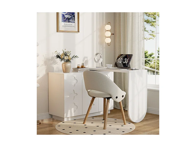 Bureau d’angle extensible - avec 3 portes en MDF - fonction pivotante - Blanc - 110x40x75cm