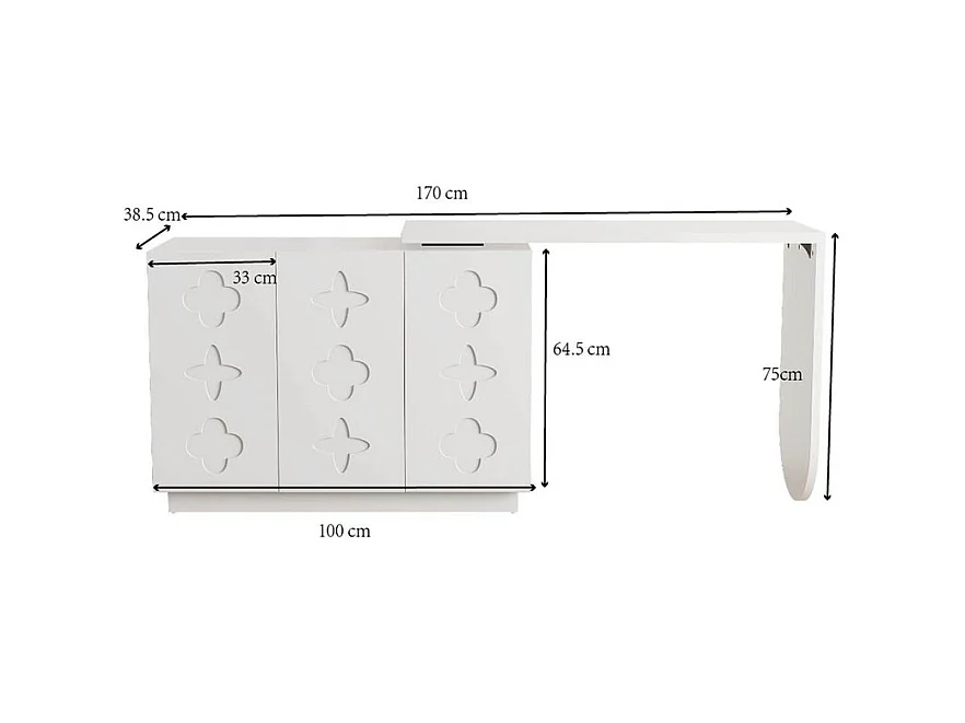 Bureau d’angle extensible - avec 3 portes en MDF - fonction pivotante - Blanc - 110x40x75cm