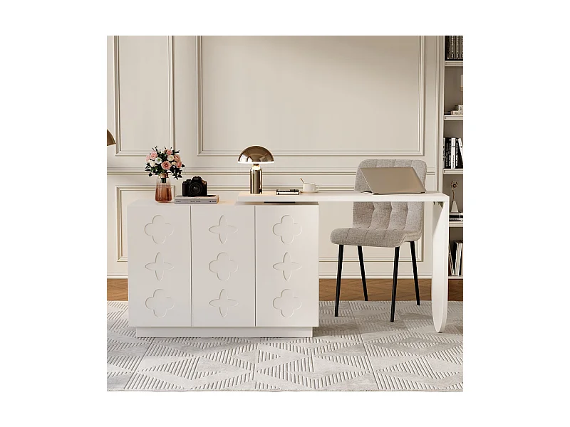 Bureau d’angle extensible - avec 3 portes en MDF - fonction pivotante - Blanc - 110x40x75cm