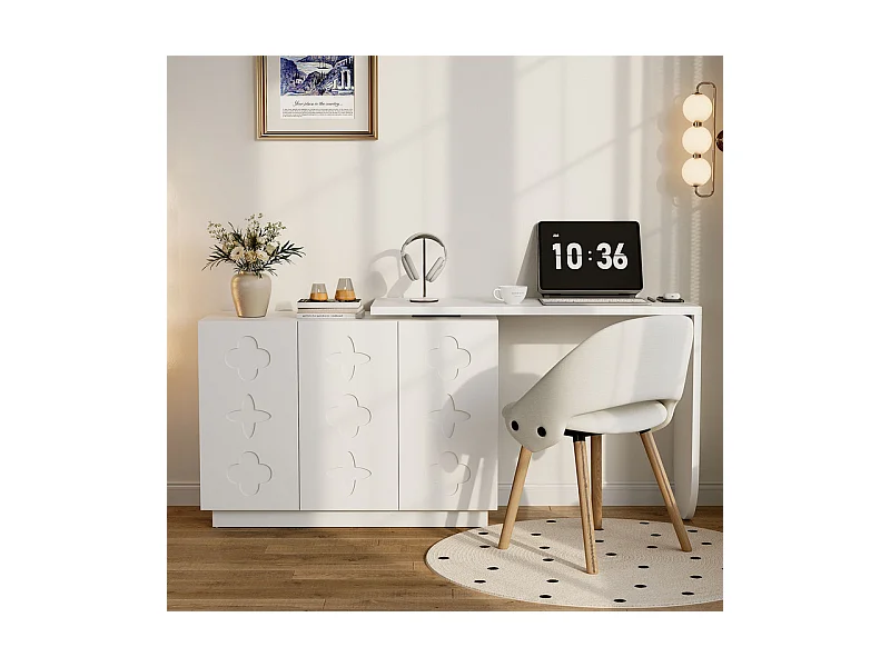 Bureau d’angle extensible - avec 3 portes en MDF - fonction pivotante - Blanc - 110x40x75cm
