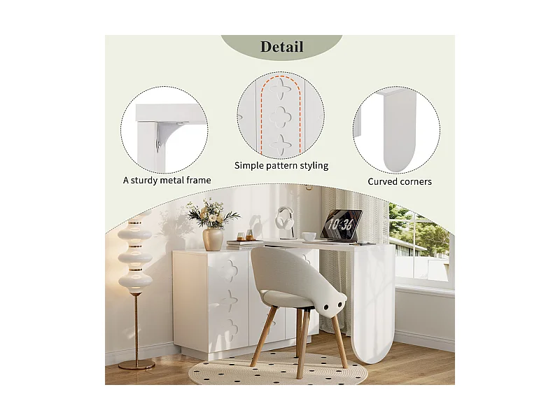 Bureau d’angle extensible - avec 3 portes en MDF - fonction pivotante - Blanc - 110x40x75cm