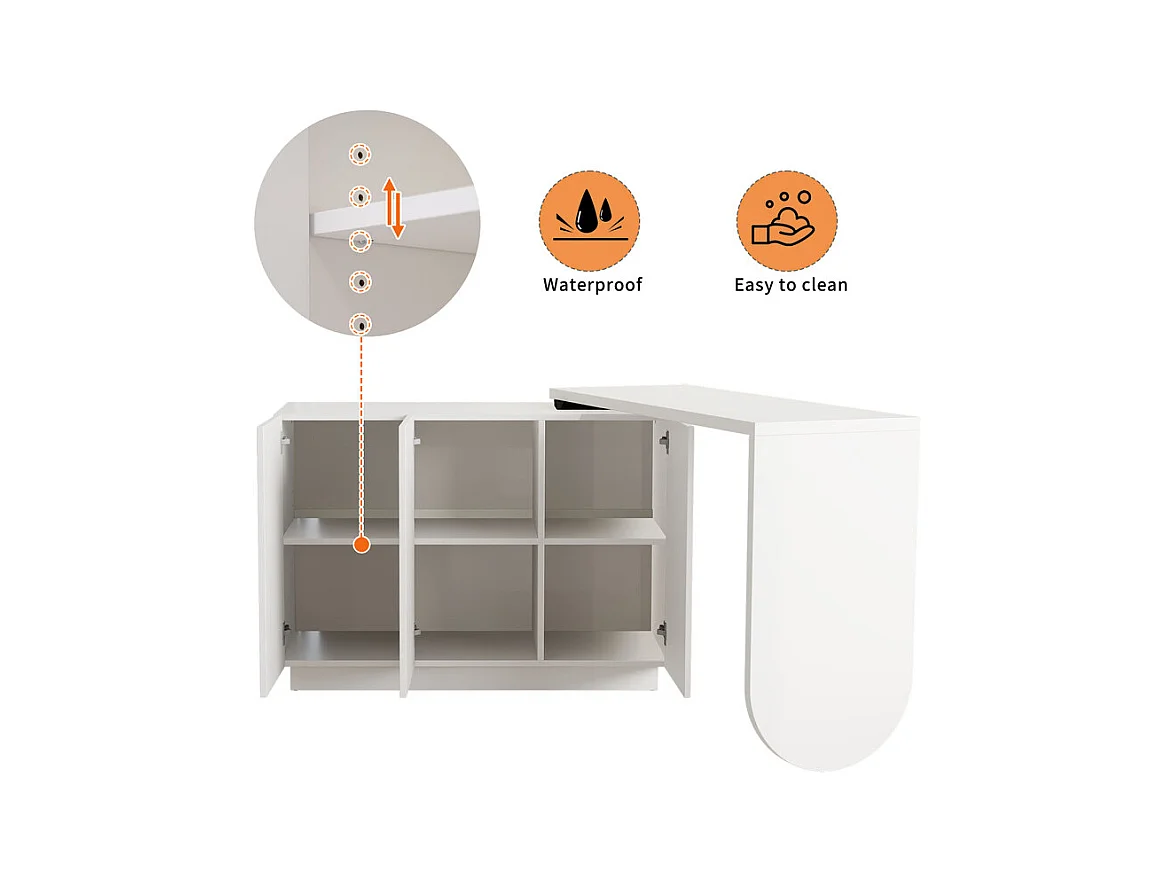 Bureau d’angle extensible - avec 3 portes en MDF - fonction pivotante - Blanc - 110x40x75cm