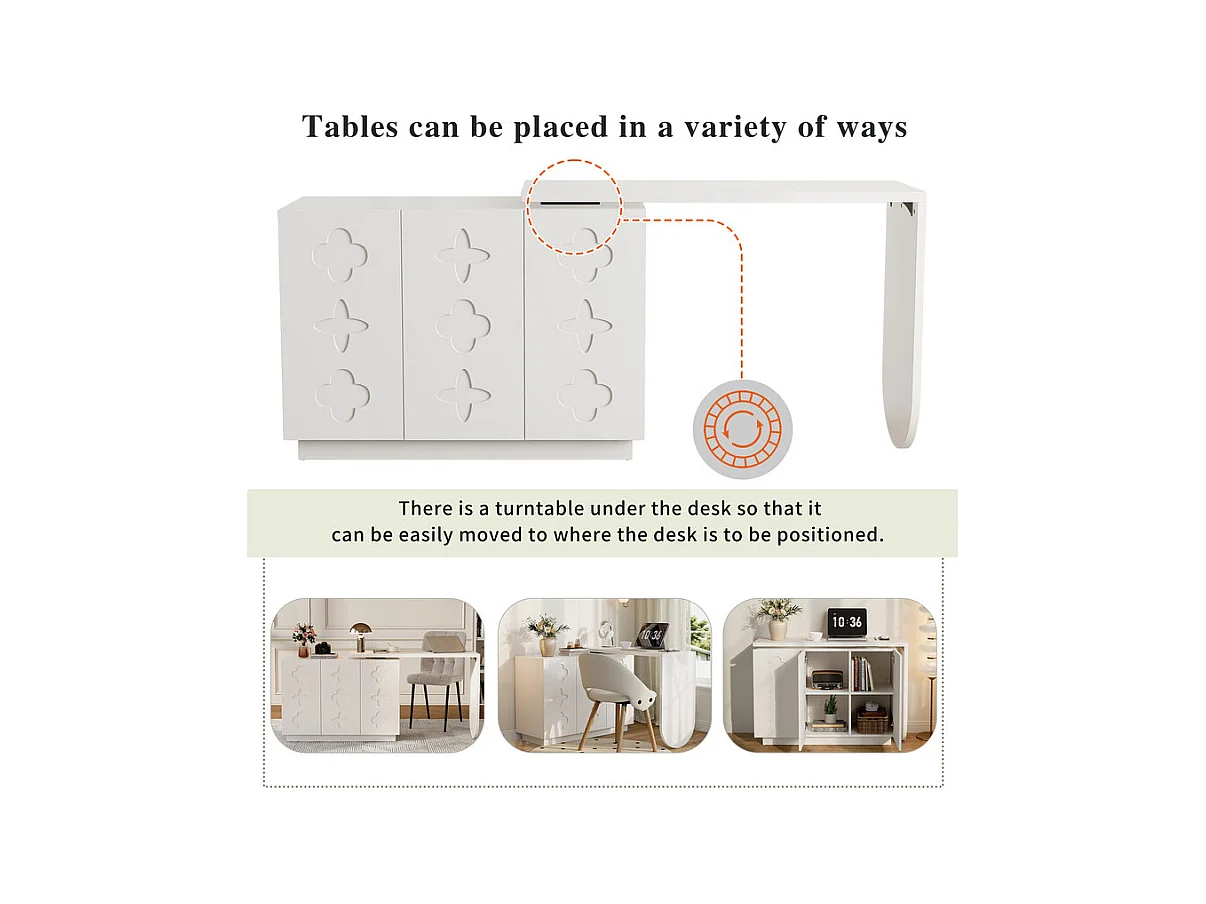 Bureau d’angle extensible - avec 3 portes en MDF - fonction pivotante - Blanc - 110x40x75cm