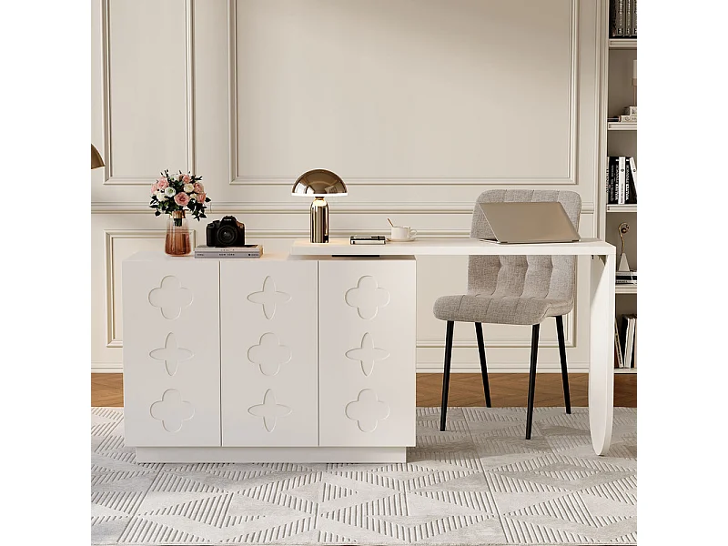 Ausziehbarer Eckschreibtisch - mit 3 MDF-Türen - Drehfunktion - Weiß - 110x40x75cm