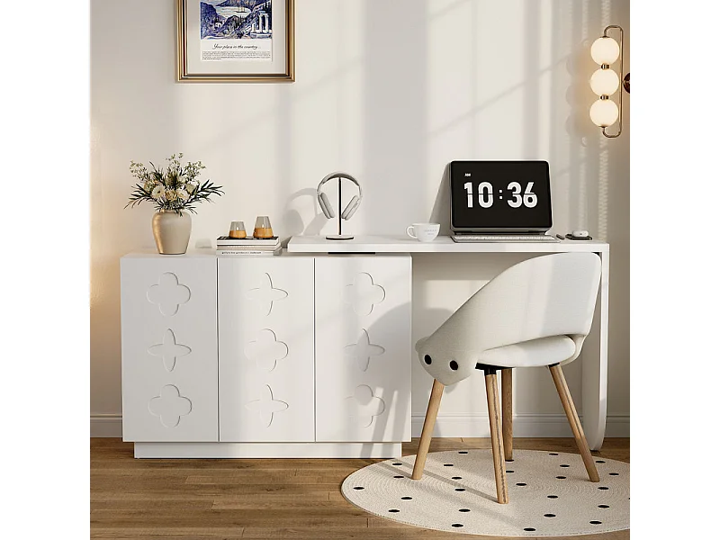 Ausziehbarer Eckschreibtisch - mit 3 MDF-Türen - Drehfunktion - Weiß - 110x40x75cm