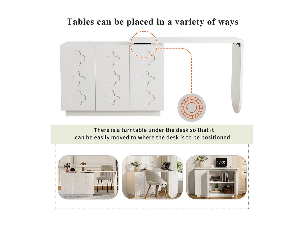 Ausziehbarer Eckschreibtisch - mit 3 MDF-Türen - Drehfunktion - Weiß - 110x40x75cm