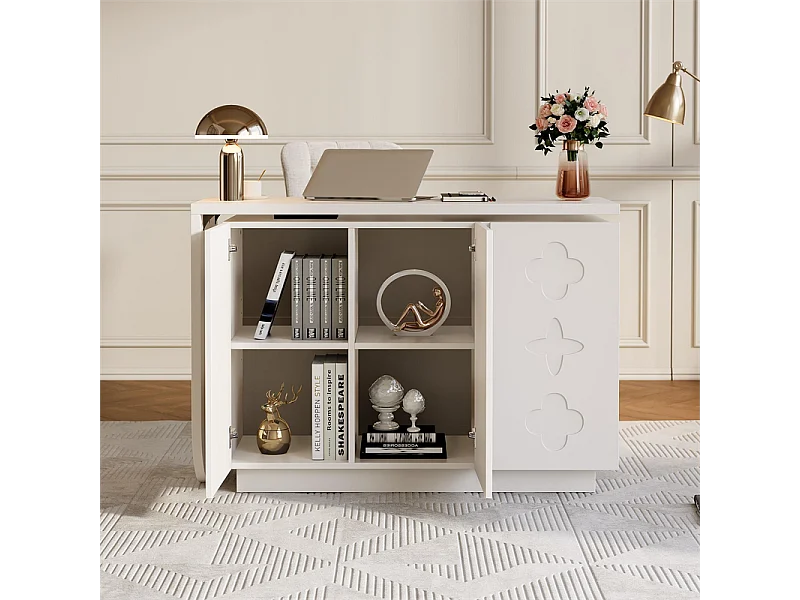 Bureau d’angle extensible - avec 3 portes en MDF - fonction pivotante - Blanc - 110x40x75cm