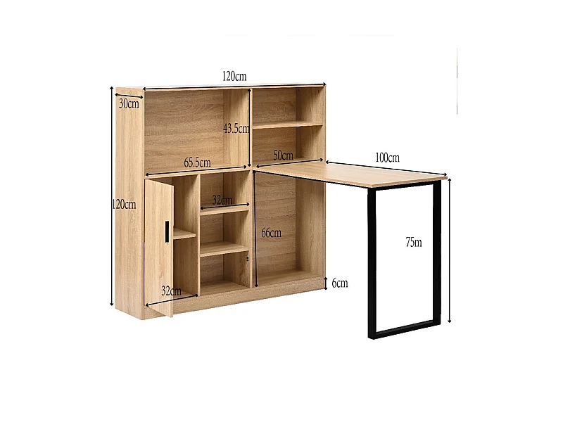 Bureau informatique avec rangement - 1 porte et 7 niches - pieds en fer - MDF - 120x50x120cm