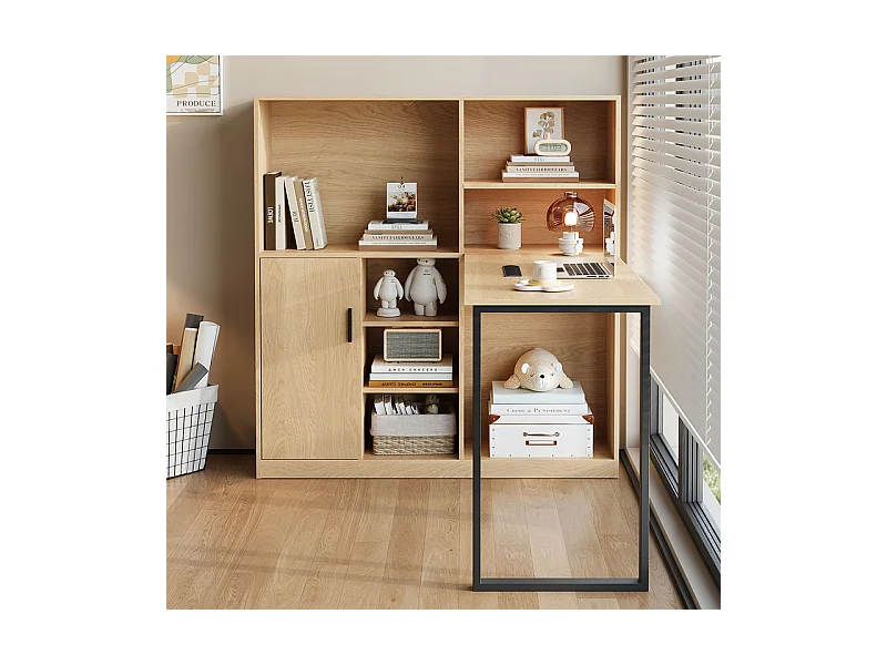 Bureau informatique avec rangement - 1 porte et 7 niches - pieds en fer - MDF - 120x50x120cm