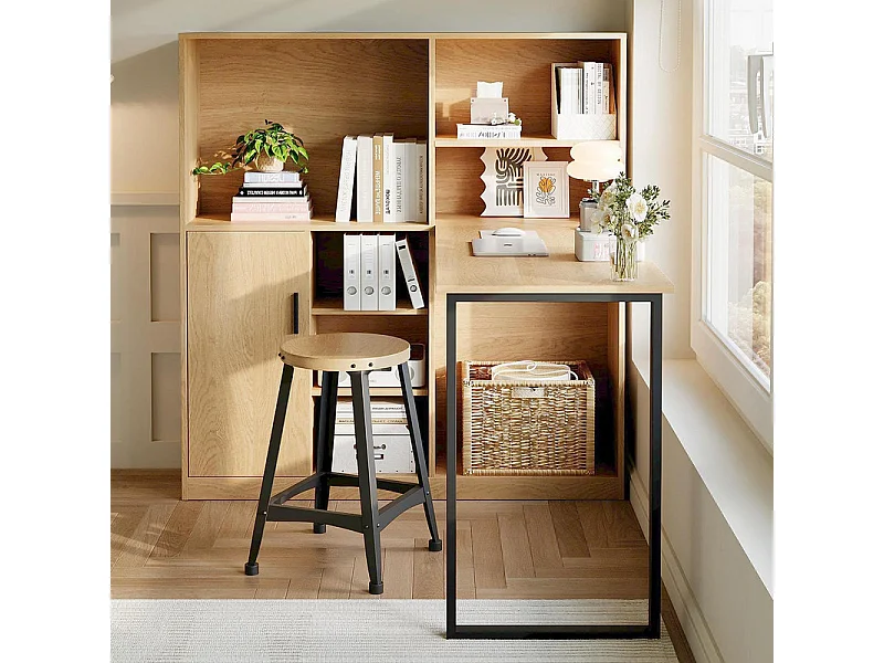 Bureau informatique avec rangement - 1 porte et 7 niches - pieds en fer - MDF - 120x50x120cm