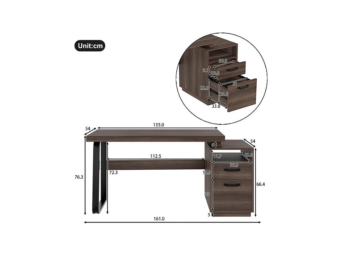 Bureau d'ordinateur moderne en MDF+Métal - avec rangement ouvert et 2 tiroirs - Marron - 161x54x76,3cm