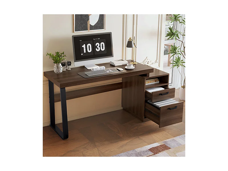 Bureau d'ordinateur moderne en MDF+Métal - avec rangement ouvert et 2 tiroirs - Marron - 161x54x76,3cm