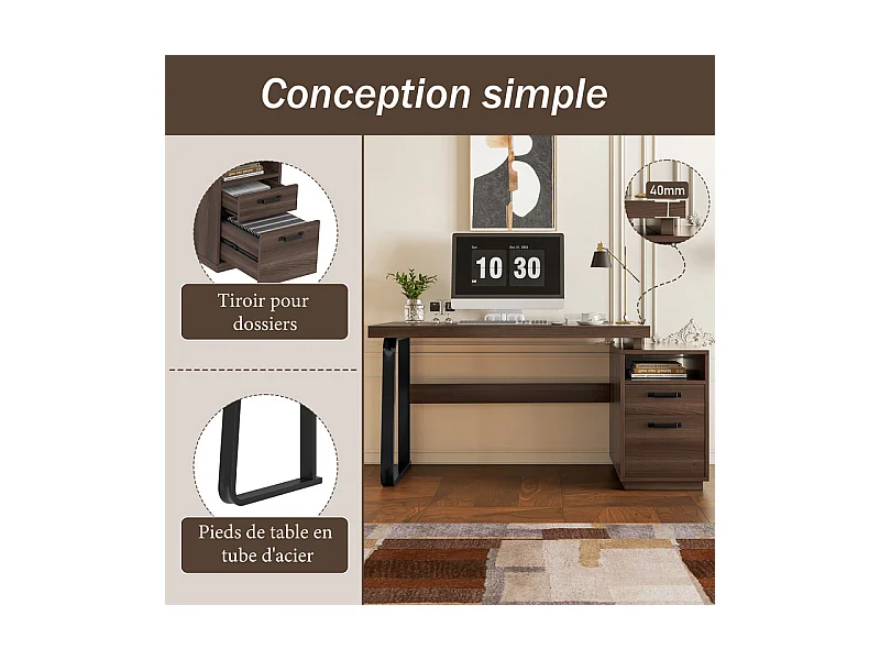 Bureau d'ordinateur moderne en MDF+Métal - avec rangement ouvert et 2 tiroirs - Marron - 161x54x76,3cm