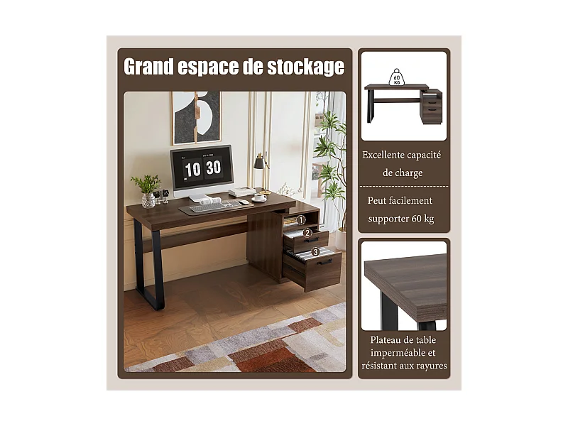 Bureau d'ordinateur moderne en MDF+Métal - avec rangement ouvert et 2 tiroirs - Marron - 161x54x76,3cm