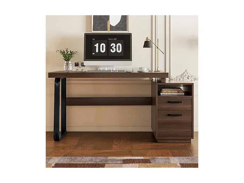 Bureau d'ordinateur moderne en MDF+Métal - avec rangement ouvert et 2 tiroirs - Marron - 161x54x76,3cm