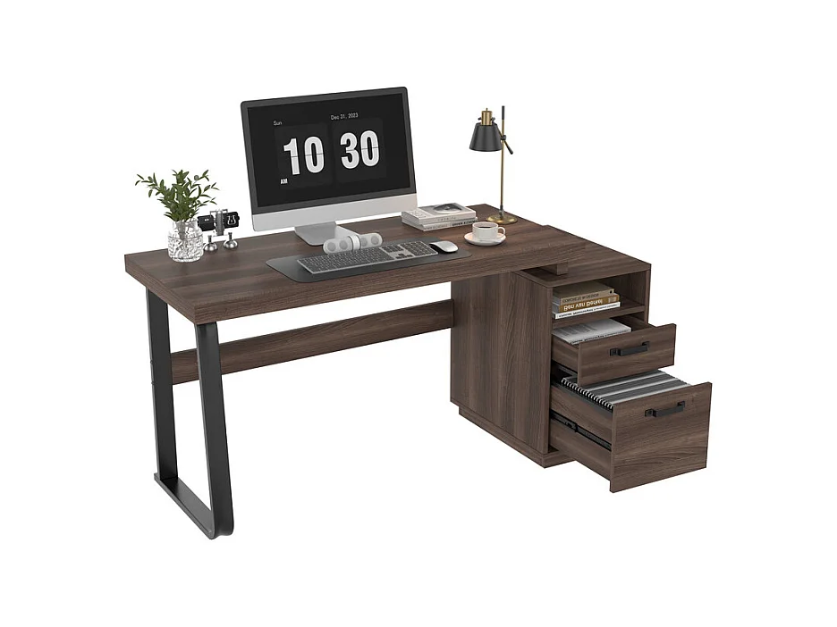 Bureau d'ordinateur moderne en MDF+Métal - avec rangement ouvert et 2 tiroirs - Marron - 161x54x76,3cm