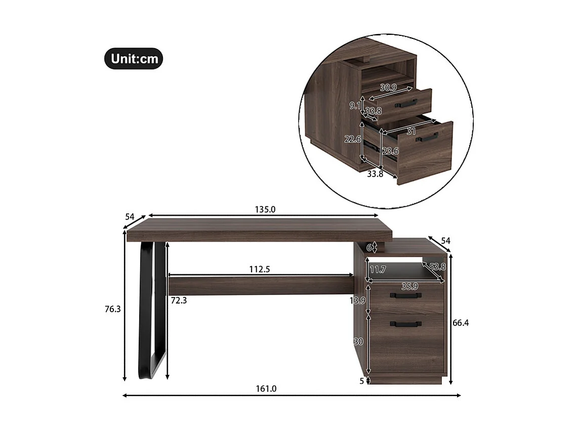 Bureau d'ordinateur moderne en MDF+Métal - avec rangement ouvert et 2 tiroirs - Marron - 161x54x76,3cm
