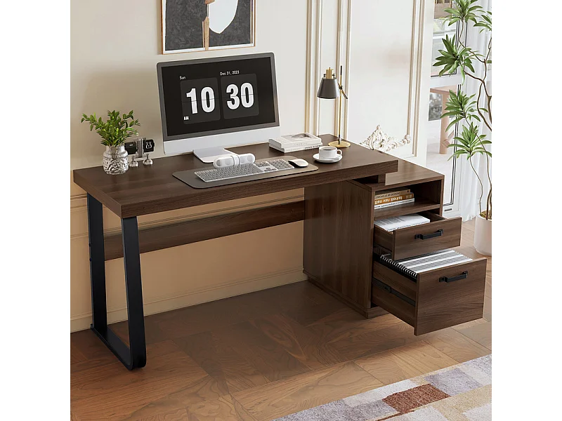 Bureau d'ordinateur moderne en MDF+Métal - avec rangement ouvert et 2 tiroirs - Marron - 161x54x76,3cm