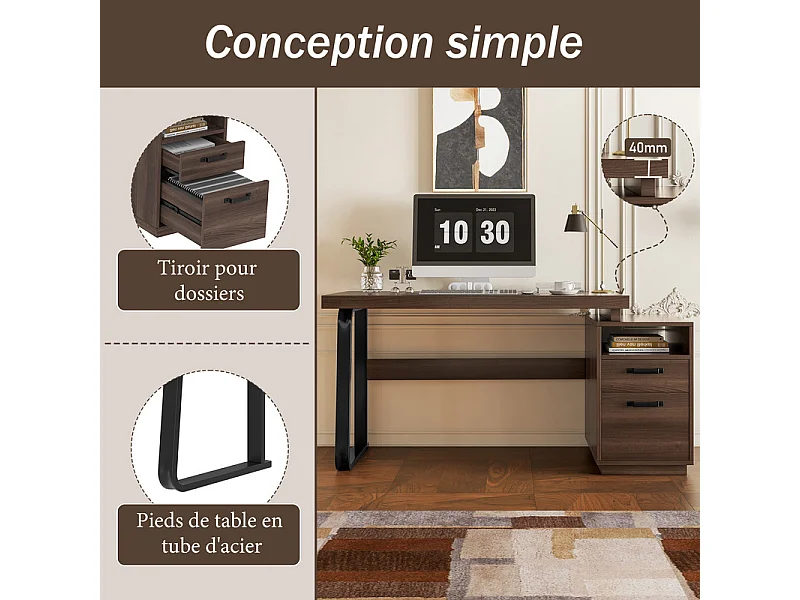 Bureau d'ordinateur moderne en MDF+Métal - avec rangement ouvert et 2 tiroirs - Marron - 161x54x76,3cm