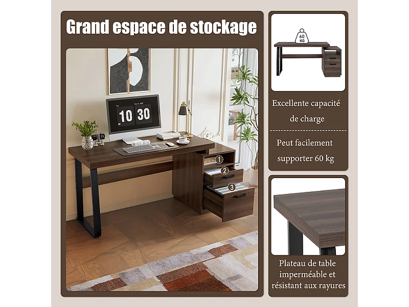 Bureau d'ordinateur moderne en MDF+Métal - avec rangement ouvert et 2 tiroirs - Marron - 161x54x76,3cm