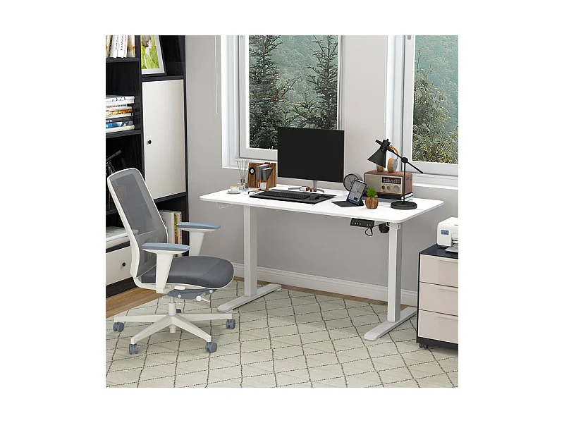 Bureau assis debout électrique réglable en hauteur, pieds réglables, avec 2 crochets de écouteurs, 140x70x72/116cm