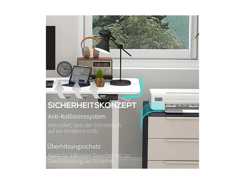 Bureau assis debout électrique réglable en hauteur, pieds réglables, avec 2 crochets de écouteurs, 140x70x72/116cm