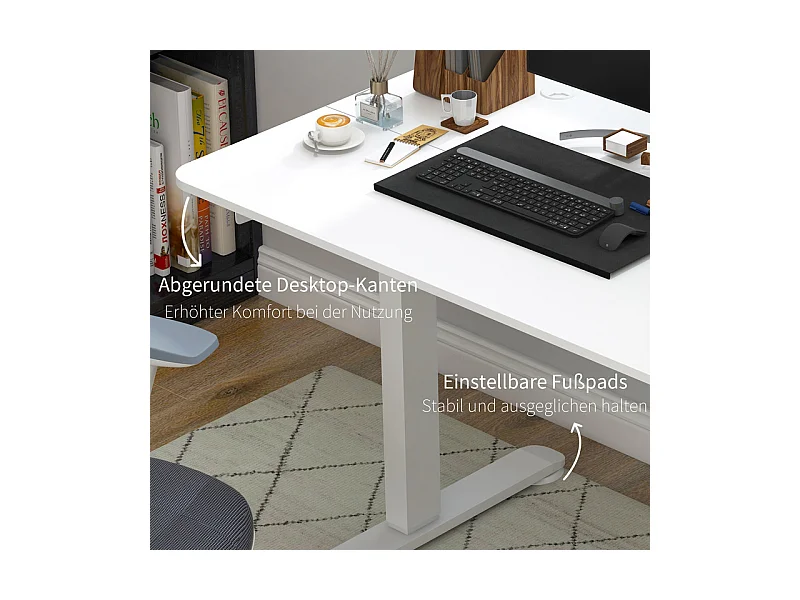 Bureau assis debout électrique réglable en hauteur, pieds réglables, avec 2 crochets de écouteurs, 140x70x72/116cm