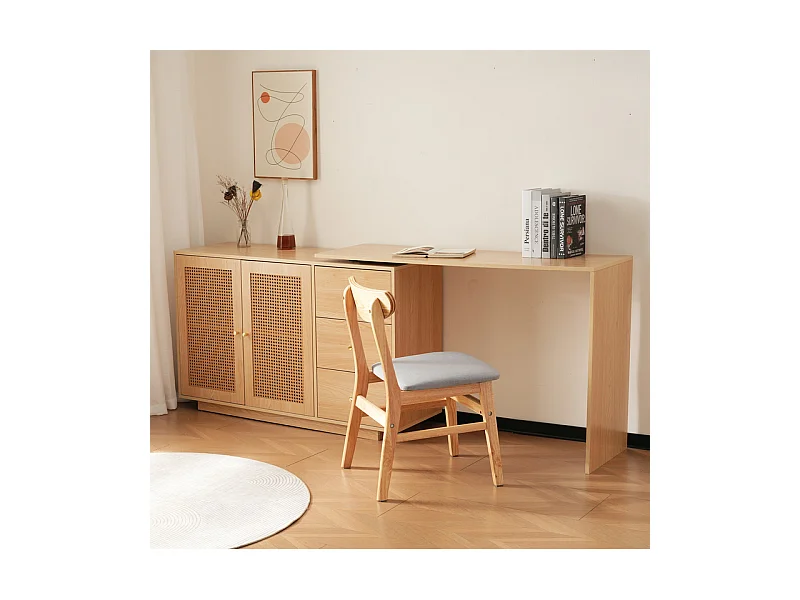 Bureau d'ordinateur extensible - avec 3 tiroirs et 2 portes en rotin - fonction pivotante - MDF - 126x40x75cm