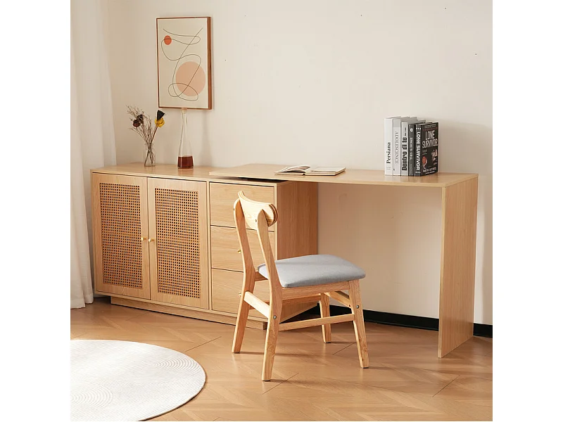 Bureau d'ordinateur extensible - avec 3 tiroirs et 2 portes en rotin - fonction pivotante - MDF - 126x40x75cm