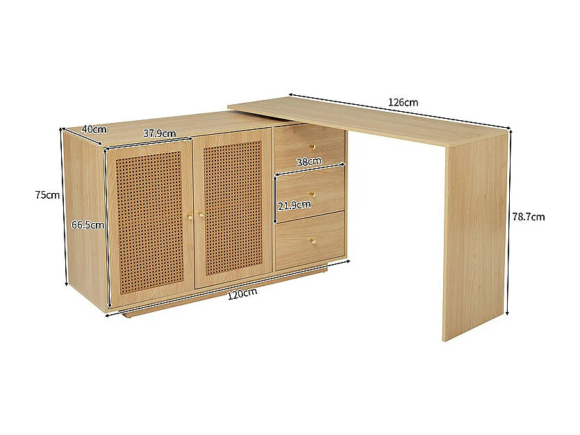 Bureau d'ordinateur extensible - avec 3 tiroirs et 2 portes en rotin - fonction pivotante - MDF - 126x40x75cm