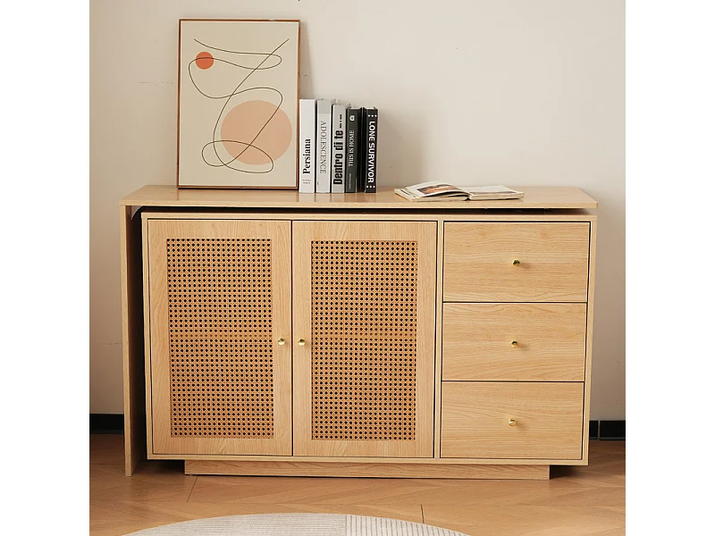 Bureau d'ordinateur extensible - avec 3 tiroirs et 2 portes en rotin - fonction pivotante - MDF - 126x40x75cm