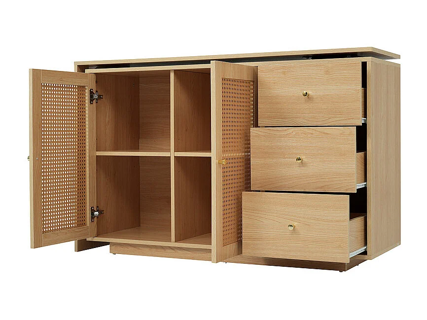 Bureau d'ordinateur extensible - avec 3 tiroirs et 2 portes en rotin - fonction pivotante - MDF - 126x40x75cm