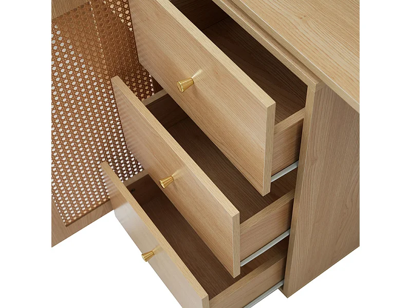 Bureau d'ordinateur extensible - avec 3 tiroirs et 2 portes en rotin - fonction pivotante - MDF - 126x40x75cm