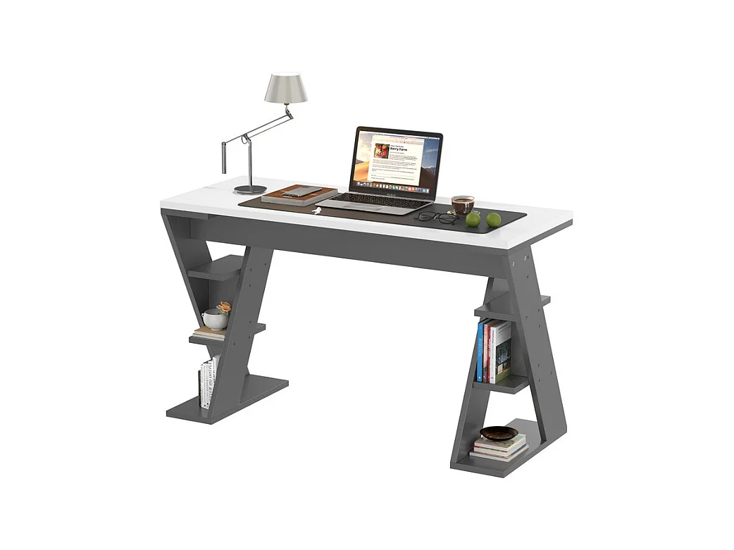 Bureau d'ordinateur en MDF, avec étagères ouvertes, charge max 50kg, Blanc et Gris, 120x50x74 cm