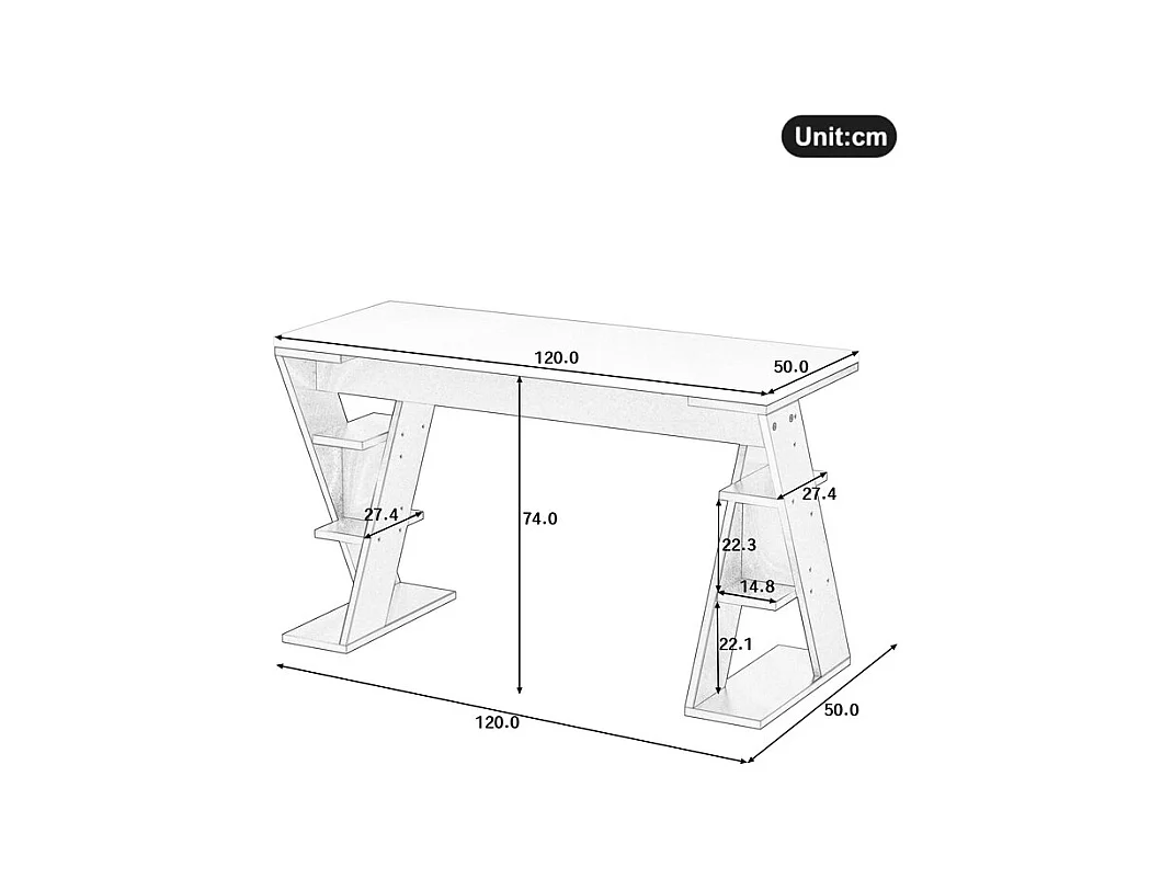 Bureau d'ordinateur en MDF, avec étagères ouvertes, charge max 50kg, Blanc et Gris, 120x50x74 cm