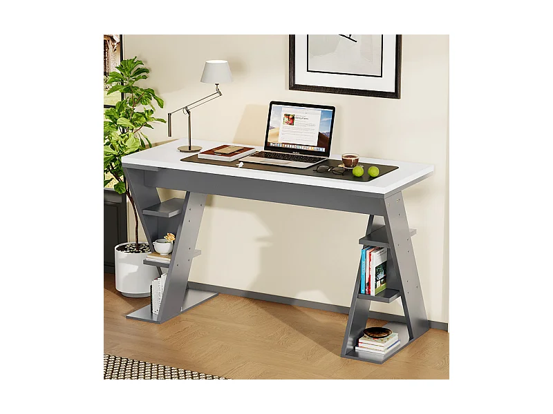 Bureau d'ordinateur en MDF, avec étagères ouvertes, charge max 50kg, Blanc et Gris, 120x50x74 cm