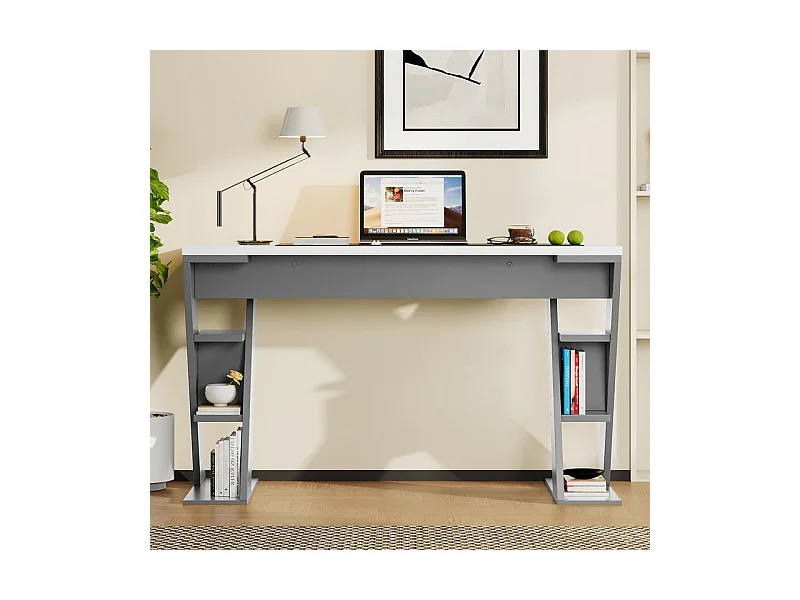 Bureau d'ordinateur en MDF, avec étagères ouvertes, charge max 50kg, Blanc et Gris, 120x50x74 cm