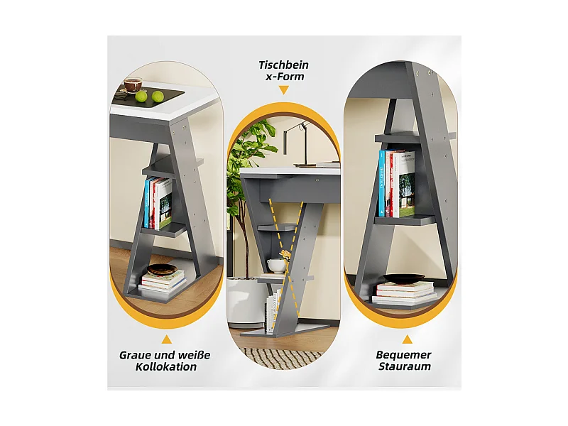 Bureau d'ordinateur en MDF, avec étagères ouvertes, charge max 50kg, Blanc et Gris, 120x50x74 cm