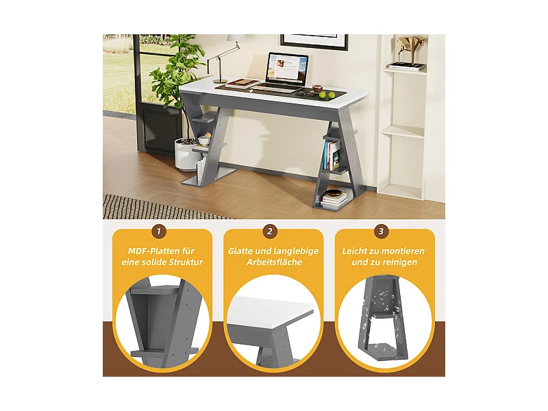 Bureau d'ordinateur en MDF, avec étagères ouvertes, charge max 50kg, Blanc et Gris, 120x50x74 cm