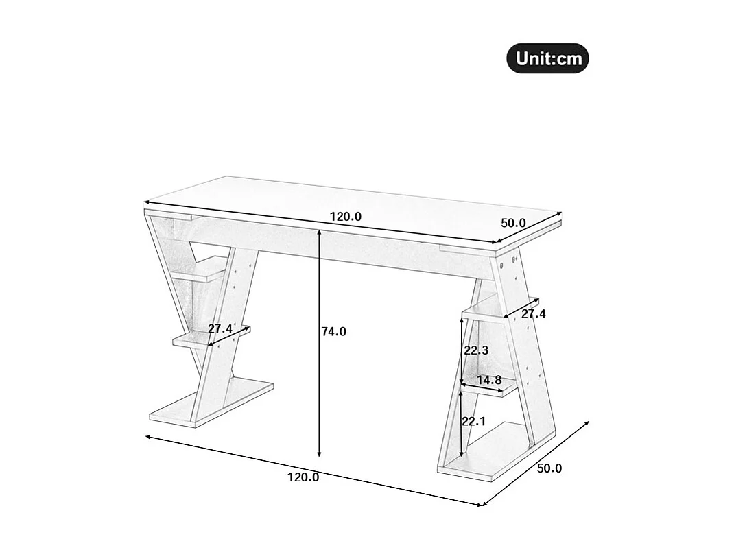 Bureau d'ordinateur en MDF, avec étagères ouvertes, charge max 50kg, Blanc et Gris, 120x50x74 cm