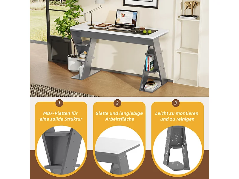 Bureau d'ordinateur en MDF, avec étagères ouvertes, charge max 50kg, Blanc et Gris, 120x50x74 cm