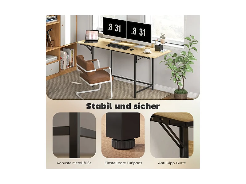 Bureau d'ordinateur pliable - avec pieds réglables en métal - chêne et noir - 170x58x78cm