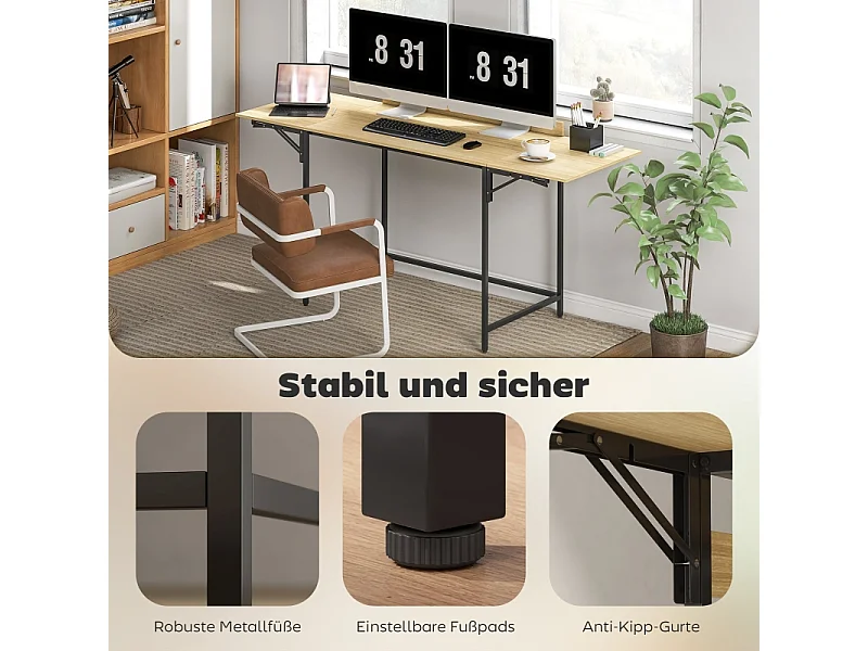 Bureau d'ordinateur pliable - avec pieds réglables en métal - chêne et noir - 170x58x78cm