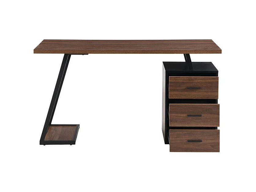 Bureau avec 3 rangement de tiroirs - plateau en bois - MDF et Métal - Marron + Noir - 138,5x58x75cm
